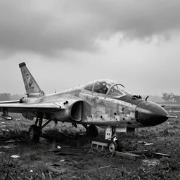 black and white photograph of a crashed abandoned fighter jet in kansascity, rainy and foggy, soft focus