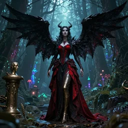 Female dark angel in gothic red and black dress, their black wings are extended. She is in the bioluminescent forest. Horror scene, highly detailded. Bronze statue, unreal engine
