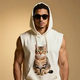 badass muscular gangsta wearing sleeveless kangaroo hoody with kitten sitting in it, sunglasses, studio portrait, golden ratio, backlit