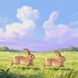 two rabbits run around the field, clouds in the sky in the form of rabbits in pastel blue and purple colors, illustration, cartoon, detailed colors of landscapes highly detailed, artstation, illustration, jurgens, rutkowski, bouguereau, canon eos r 3