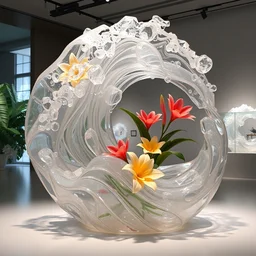 highly detailed transparent sculpture shaped like waves and jungle flowers, museum exhibit, octane render, unreal engine, trending on artstation, hd