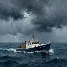 a boat lost in storm on the sea, by leonid afremov and tony sandoval.