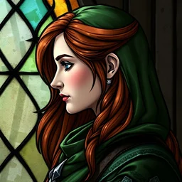 pretty and detailed side - view portrait of triss from the witcher 3, long green coat, 1 3 th century stained glass window, very masterful
