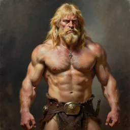 a realistic muscular blonde neanderthal man painting