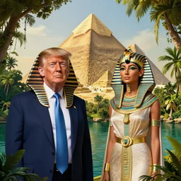 donald trump as egyptian pharaoh and melania trump as egyptian queen, elegant, majestic, powerful, pyramids, anunaki, hieroglyphs, lush, rainforest, river, green, river god, wilbur smith, gold, trump tower