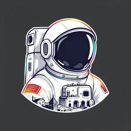a detailed logo outline of an astronaut helmet with a rainbow colored outline, intricate, elegant, illustration, digital painting, burning village in the background, 8 k, fine detail, art by greg rutkowski, frank frazetta, jack kirby, albert aublet, frank herbert, and alphonse mucha