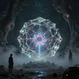 sci - fi environment set in a nightmarish universe of odd forms and somber tapestry hr giger wadim kashin in peter elson color schi, 8 k resolution, trending on artstation : 5, fog : - 4 translucent glass sculpture encasing refracted interdimensional portal, fiber optic network, tesseract, twilight, by thomas hafner, charles o. perry,