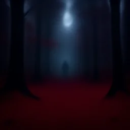 a dark evil forest where the entire forest floor is covered in dark red leaved, blood red leaves, atmospheric fog, moon lit, vague outline of a dark figure