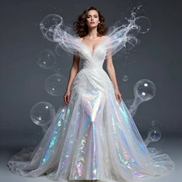annie leibovitz style photoshoot editorial of gugu mbatha - raw as sue storm of the fantastic four, wearing a beautiful iridescent shimmering wedding dress made out of particle effects, force field soap like bubble, hyperreal, magical, translucent, iridescent, shimmering wedding dress