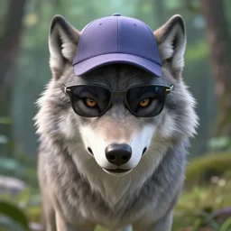 full body wolf wearing sunglasses and a baseball cap, symmetrical face. symmetrical detailed defined eyes. isekai background style, nature, elegant, gorgeous, beautiful, sneaky,, 8 k, octane render, 3 d