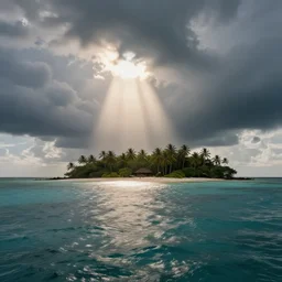 “rays of light coming through the clouds shining on a paradise island still clear waters light rain cinematic”