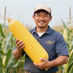 proud farmer holding the world's largest corn