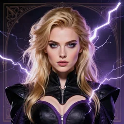 character concept portrait, symmetrical head-on centralized, Mia Dearden, blond, black and violet costume. Detailed, high quality, dynamic lightning, fantasy. Artwork by Artgerm, WLOP, Alex Ross, Greg Rutknowski, Alphonse Mucha