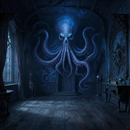 gothic mansion room, wooden floor, darkness, evil, hard atmosphere, lovercraft, insmouth, tentacles, artwork, paint, blue tones, detailed, by bastien lecouffe deharme, by jeremy mann, by alexander fedosav