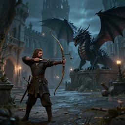 an archer and a black dragon on a medieval palace courtyard at night, epic fantasy art