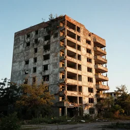 8 k film still, hyperdetailed brutalist building, derelict, overgrown, golden hour.