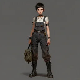 a full body portrait of a beautiful androgynous punk girl with short hair and beautiful eyes, beautiful face, wearing tall combat boots, who is a mechanic wearing overalls carrying a bag, digital concept art, detailed digital painting, by j. c. leyendecker and edward blair leighton and charlie bowater, trending on artstation