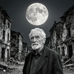 old white - headed man under the huge moon on a street of ruined city by beksinski. very coherent