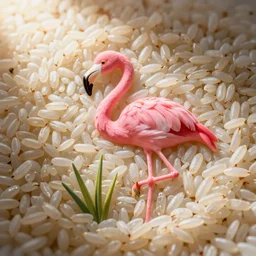 macro photo of a grain of rice carved into the shape of a pink flamingo