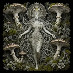 the transcendent being depiction of the goddess babalon, entangled with nature, fungi, mycelial, lichen, moss, by peter mohrbacher, by james jean, divinity, mystical third eye, filigree, occult art, stunning