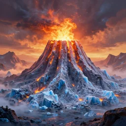 an ice volcano, heatwave, fantasy, hyper realism, behance, artstation, unreal engine 5, octane, deviantart