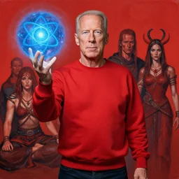 shaman chakra telekinesis red artificer Bruce Willis wearing crimson sweatshirt brandishes a blue atomic orb meditation kent monkman elina brotherus jen bartel jim lambie greg rutkowski rothko tombow