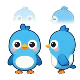 cute chibi blue bird character, sheet, front view, side view