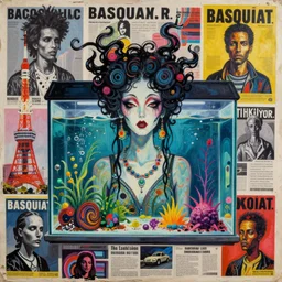 acrylic painting of a bizarre nightmare woman in front of an aquarium in tokyo, mixed media collage by basquiat and h. r. giger, maximalist magazine collage art, retro psychedelic illustration, 1 9 2 0 s