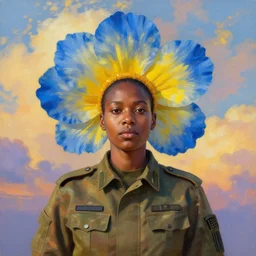 portrait, giant flower as a head, black woman in ukrainian military uniform, blue and yellow colors, surreal photography, golden hour, colorful clouds, impressionist painting, digital painting, artstation, simon stalenhag