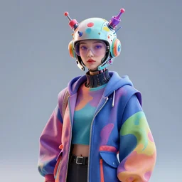 full portrait of a post modern hybrid fashion model with an exuberant ai biochemical helmet, colorful, octane render, vray, detailed, halftoned, editorial illustration, matte print, grainy light, ( ( dither ) ), risograph, high contrast, screen print, grainy texture