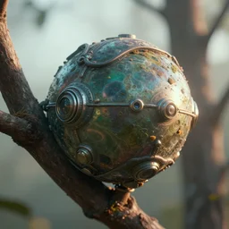 a macro photograph of an orb - like creature attached to a tree branch in the morning light, hyperdetailed, retro futurism, unreal engine