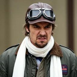headshot of john belushi wearing a leather cap and aviator goggles, he is also wearing an a 2 flight jacket, a long white scarf is wrapped around his neck, he has a 5 o'clock shadow, a crazed angry look on his face