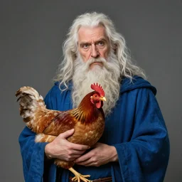 a portrait of a wizard holding his pet chicken in his hands by Tony Sart, confused facial expression, blue robe, long white beard, frizzy hair, ArtStation, realistic, detailed