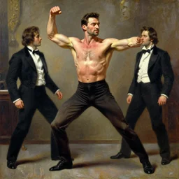 muscular hugh jackman performs on broadway, painting by gaston bussiere, craig mullins, j. c. leyendecker, tom of finland
