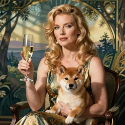 blonde drew berrymore with glass of champagne in her hand and a shiba inu puppy on her lap. art nouveau