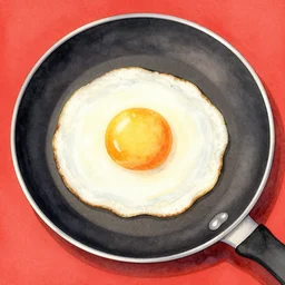 fried egg on a frying pan, kseniia yeromenko, rob duenas, watercolor, illustration, red background, highly detailed
