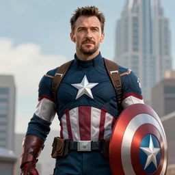 Hugh Jackman is Captain America, hyperdetailed, artstation, cgsociety, 8k