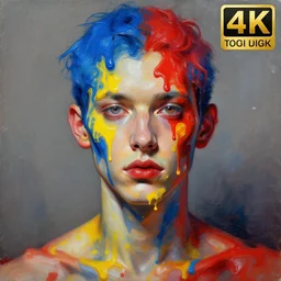 very detailed masterpiece androgynous man portrait painting of Stable Diffusion!!, 4k resolution, J.C. leyendecker!! Valentina Remenar!! Digital art, paint tool sai!! Blue, red, yellow, melting colors!! Perfect face!! Correct body proportions!!