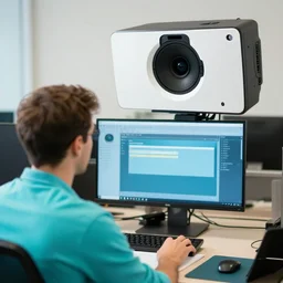 caucasian man with turquoise shirt sitting in front of computer with large webcam! mounted on top