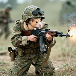 “ a hamster dressed in military camo in the vietnam war, firing its m 1 6, action shot, highly detailed, film photograph ”
