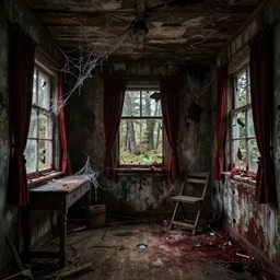 interior of an old bloody cabin, cobwebs and dust, forest, broken windows, bloody curtains, hyperdetailed, artstation, cgsociety, 8 k
