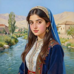 beautiful painting by sophie anderson of a beautiful young kurdish girl by a river in a kurdish village, award winning art, insanely detailed, bright colors, global illumination, cute, young, stunning