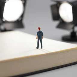 photo still of miniature redhead man on closed book 8 k, studio lighting bright ambient lighting key light, 8 5 mm f 1. 8