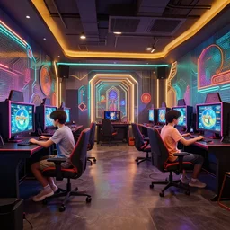 two boys playing game at a spacious gaming room, hi - tech gaming setup, highly detailed interior rendering, led lights, 1 9 6 0 s, art deco, unreal engine, art by hugh ferriss