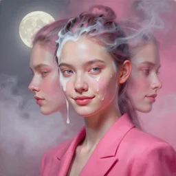 3 d, close - up, liquid white oil, smirk fashion model, light fog, smoke, soft moon light, poster art, high detail, intricate oil painting, multiple exposure, deep pink color palette, hyperrealism, 3 d, by tooth wu and wlop and beeple and greg rutkowski