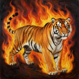 an exploded view of a tiger on fire by salvador dali. oil paint. detailed. masterpiece. hq.