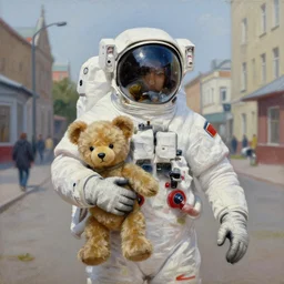 an extremely well painted and super detailed oil painting of astronaut holding a teddy bear in a soviet era street in the wes anderson style, professional painting by beeple, dynamic lighting, trending on artstation, octane render, sharp focus