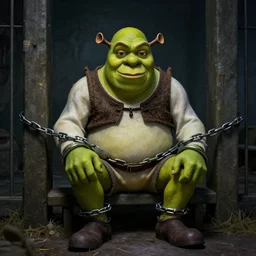 shrek in a POW camp, chained up, dark