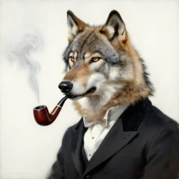 portrait of a singular aristocratic wolf wearing a tuxedo and smoking an old pipe, painting by ida rentoul outhwaite, close - up, isolated on plain background,