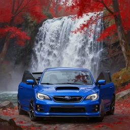 blue subaru wrx infront of a waterfall, red trees overhanging, photorealistic oil painting, hyperrealism, 8 k, cinematic
